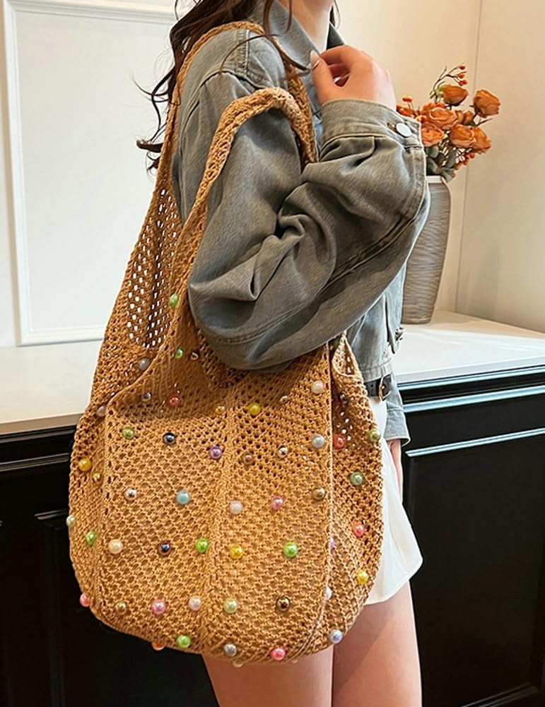 Zhengup Woven Tote Bag for Wineb Crochet Hobo Bags Beaded Shoulder Bag Trendy Knit Hollow Summer Beach Handbag Purse