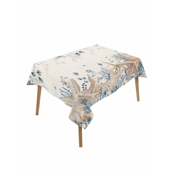 Blue Beige Coastal Table Cloth, Waterproof Tablecloth for Rectangle Tables, Beach Starfish Summer Eucalyptus Rustic Reusable Washable Fabric Table Cover for Restaurant Kitchen Dining Tables 52"x70"