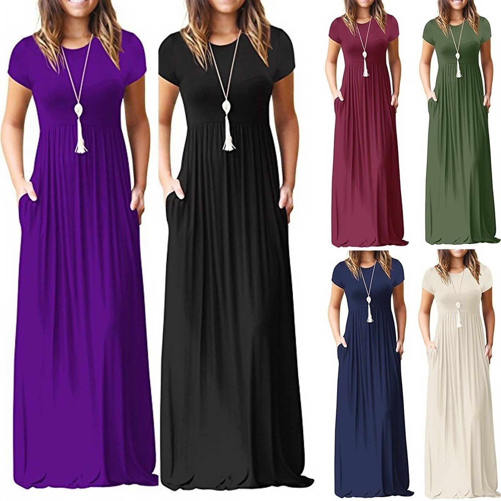 Women's Casual Long Dress Solid Color Short Sleeve Summer Outfit Maxi ...