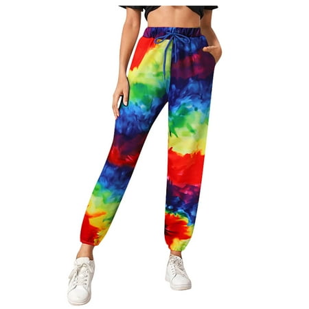 

Pants Clearance Women Tie-Dye Printing Elastic Waist Soft Lounge Pockets Pant Casual Pajama Pant Multicolor S