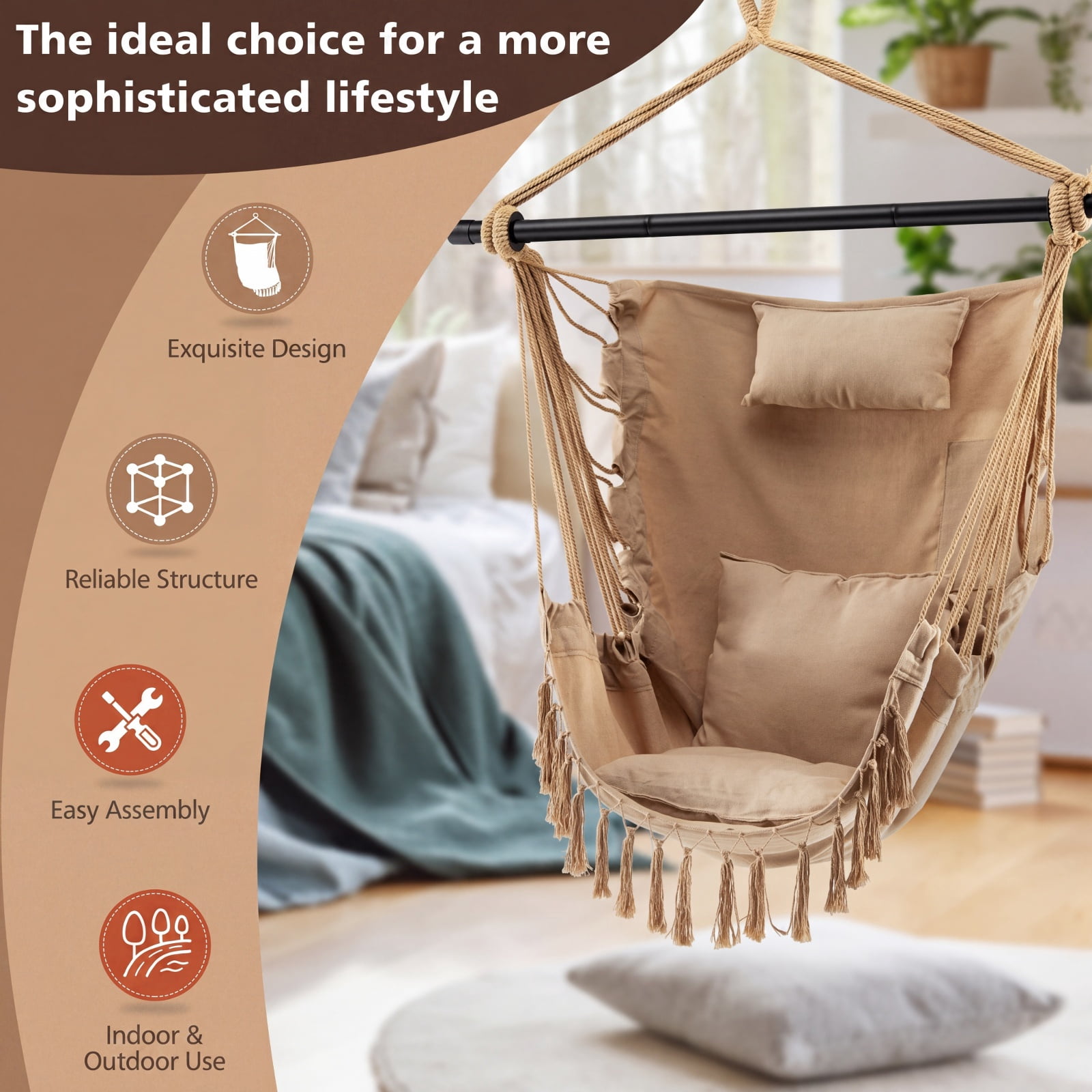 Furnibear Hanging Rope Swing Chair with Soft Pillow Two Removable Cushions Tassel Trim and Side Pocket for Patio Porch and Bedroom, Beige