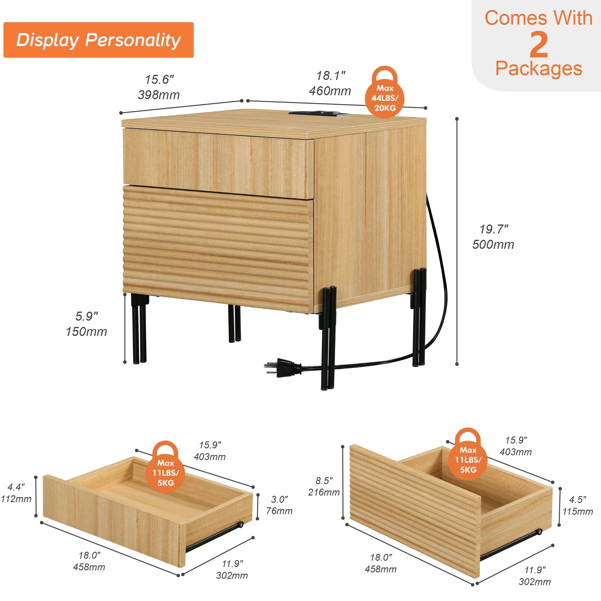 Modern Minimalist Nightstand Set Of 2, Reeded Wood End Table Set Of 2 With Built-In Charging Station For Bedroom, Living Room,Entryway