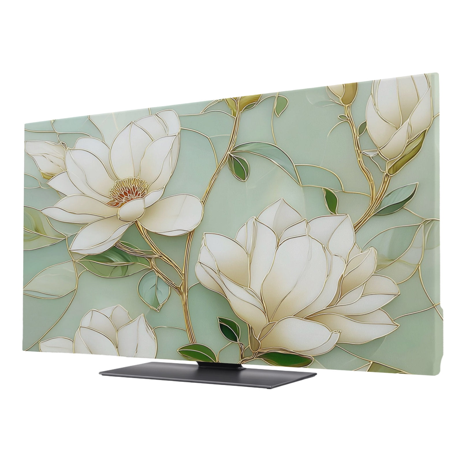 Country Flowers TV Cover for 65 Inch Screen,Stretch Fabric Dustproof TV Display Protector,Green Magnolia Flowers Rustic Botanical Elastic Slipcover Monitor Cover for Indoor Computer 56.7"x31.9"