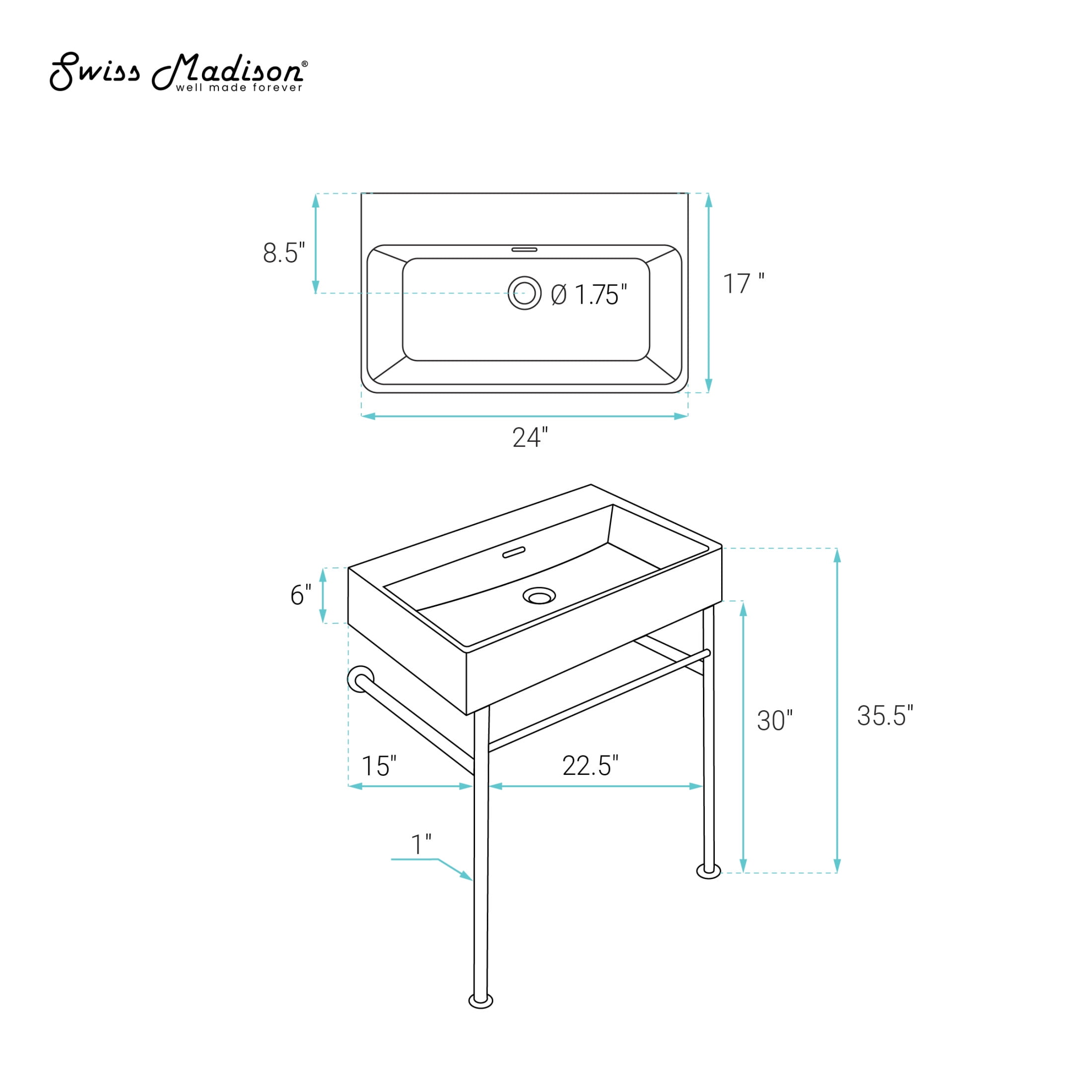 Claire 24" Rectangle Matte Black Zero Hole Console Sink with Polished Chrome Legs