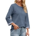 thumbnail image 3 of MOSHU Womens Tops 3/4 Length Sleeve Crew Neck Shirts with Ribbed Cuffs Summer Casual Blouses, 3 of 9