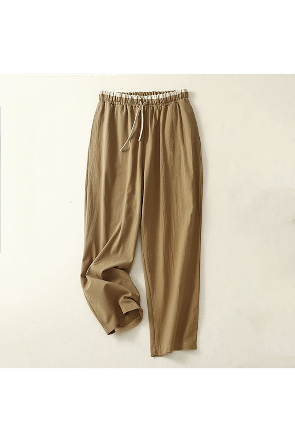 Linen Pants for Women Plus Size Petite Drawstring Wide Leg Casual Slim Fit Linen Long Pant Fashion Solid Buttons Cotton And Loose Trouser Pants for Everyday Wear Running Work Casual Khaki L