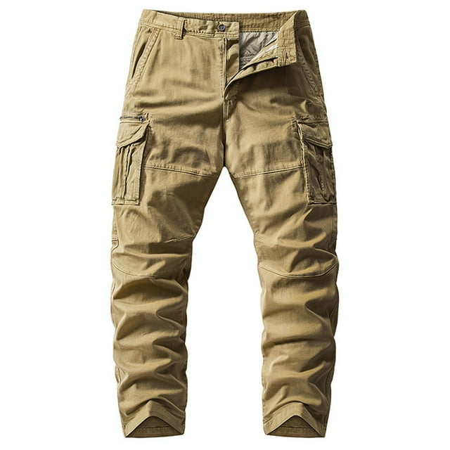 Lovzfmll Men's Contemporary Workwear Pants, Solid Color, Multi-Pocket Design, Straight-Leg for Function and Fashion Khaki, XL