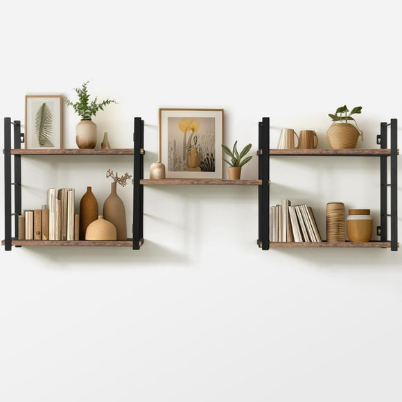Natural Wood Floating Wall Shelves with Bridge Book Shelf; Wall Mounted Storage; 2 Hanging Shelf Brackets with 5 Shelves for Multiple Configurations; Kitchen, Bathroom and Bedroom D&At
