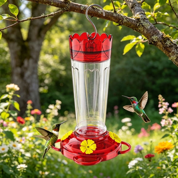 10oz Hummingbird Feeder with 4 Feeding Ports, Built-in Ant Moat Red Outdoor Hanging Bird Feeder
