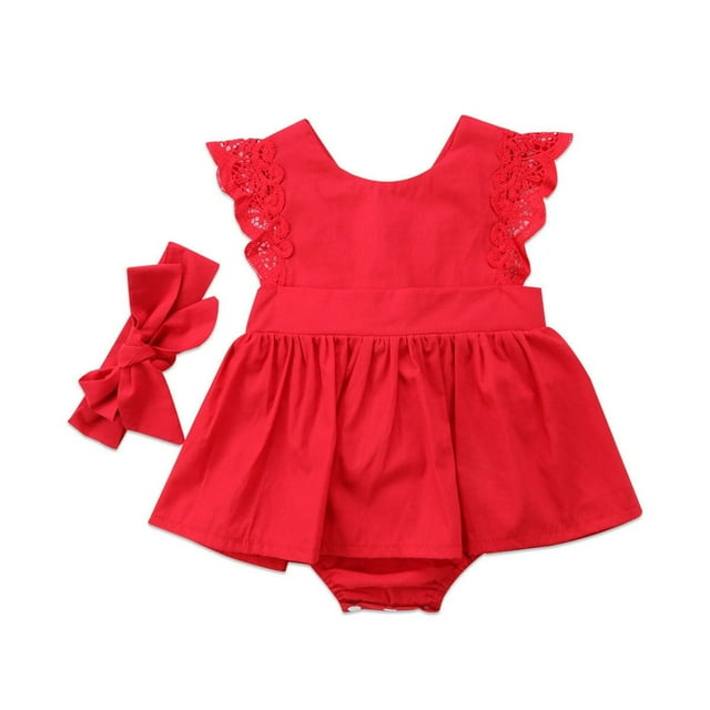 Robe Rouge à Fleurs pour Nouveau-Née Fille, Combinaison en Dentelle, Bandeau à Nœud, Ensembles