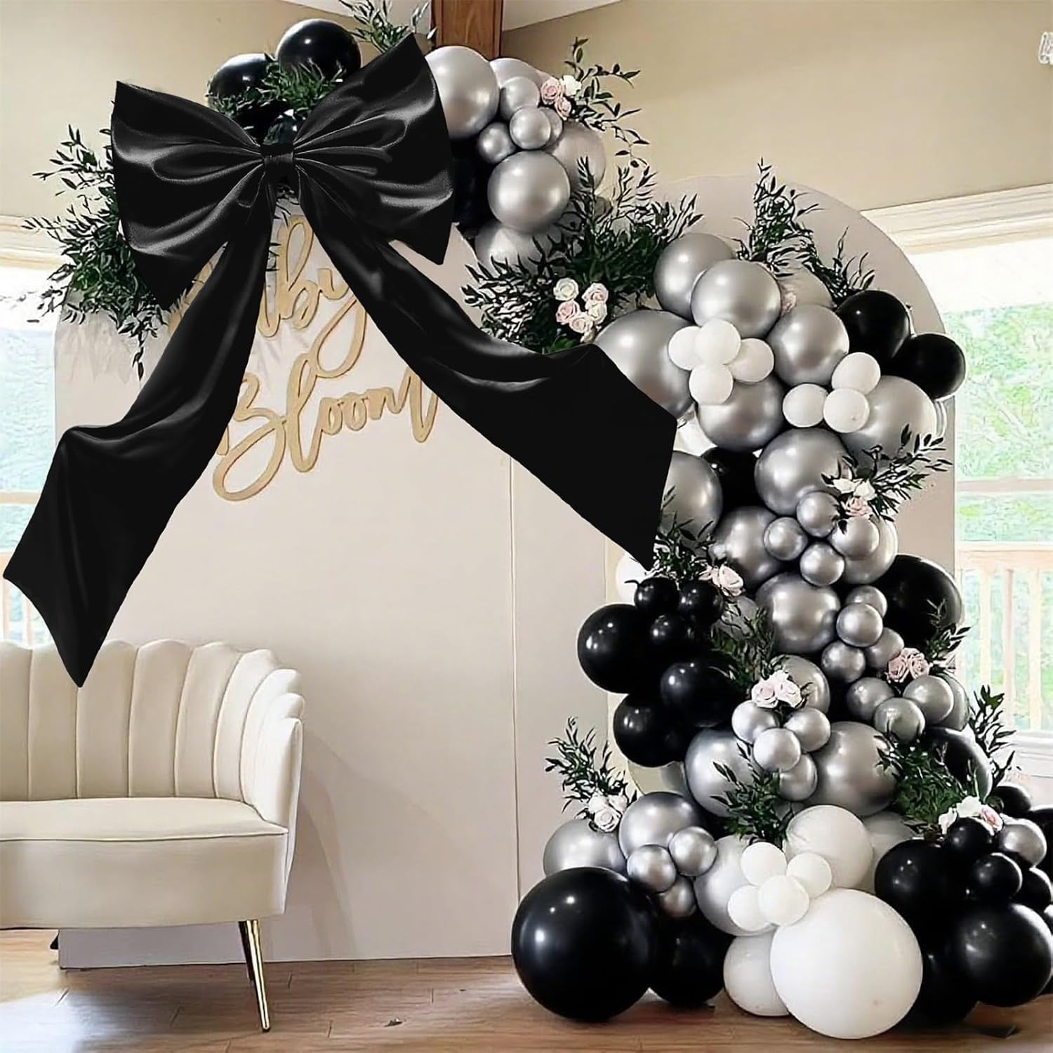 Coquette Large Satin Bow, 24 x 42 Inches, Giant Black Bow Ribbon Tie for Coquette Room Decor, Birthday Party Backdrop Wall Decoration (Black)