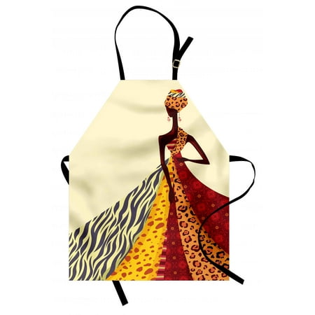 Modern Apron African Girl Posing with a Dress of Different Design Patterned Image Artful Print, Unisex Kitchen Bib Apron with Adjustable Neck for Cooking Baking Gardening, Multicolor, by