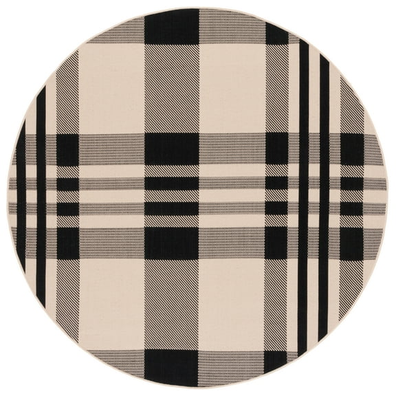 SAFAVIEH Courtyard Benjamin Plaid Indoor/Outdoor Area Rug, Black/Bone, 6'7" x 6'7" Round
