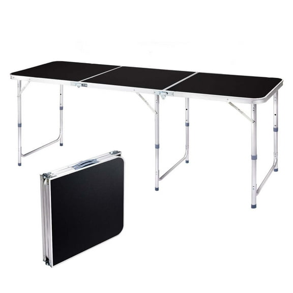 Wqmh 6.0 Ft Folding Portable Camping Table with Three Adjustable Heights, Tri-fold Outdoor Table, Outdoor Camping Kitchen, BBQ, Picnic, Cooking, Beach, Garden, Party, Black