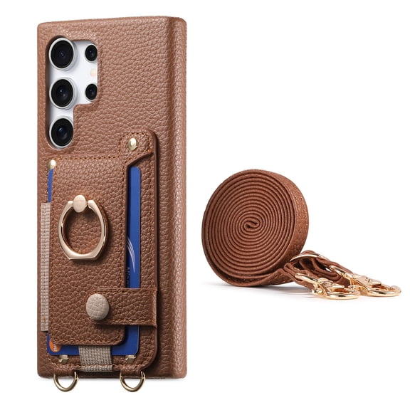 For Samsung Galaxy S26 Ultra Phone Case,With 360° Rotatable Ring Kickstand,Detachable Long Shoulder Strap,Card Slots,Shockproof Anti-fall Leather Anti-Scratch Back,Durable Wallet Case,Brown