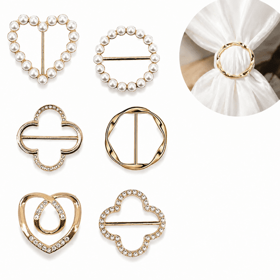 6-Pack Scarf Ring Clips for Women - Metal Round Circle Shirt Clip Buckle, Button Accessories for T-Shirt Ties, Clothes Corner Knotted Button, Fashion Scarf Fasteners and Clothing Clips