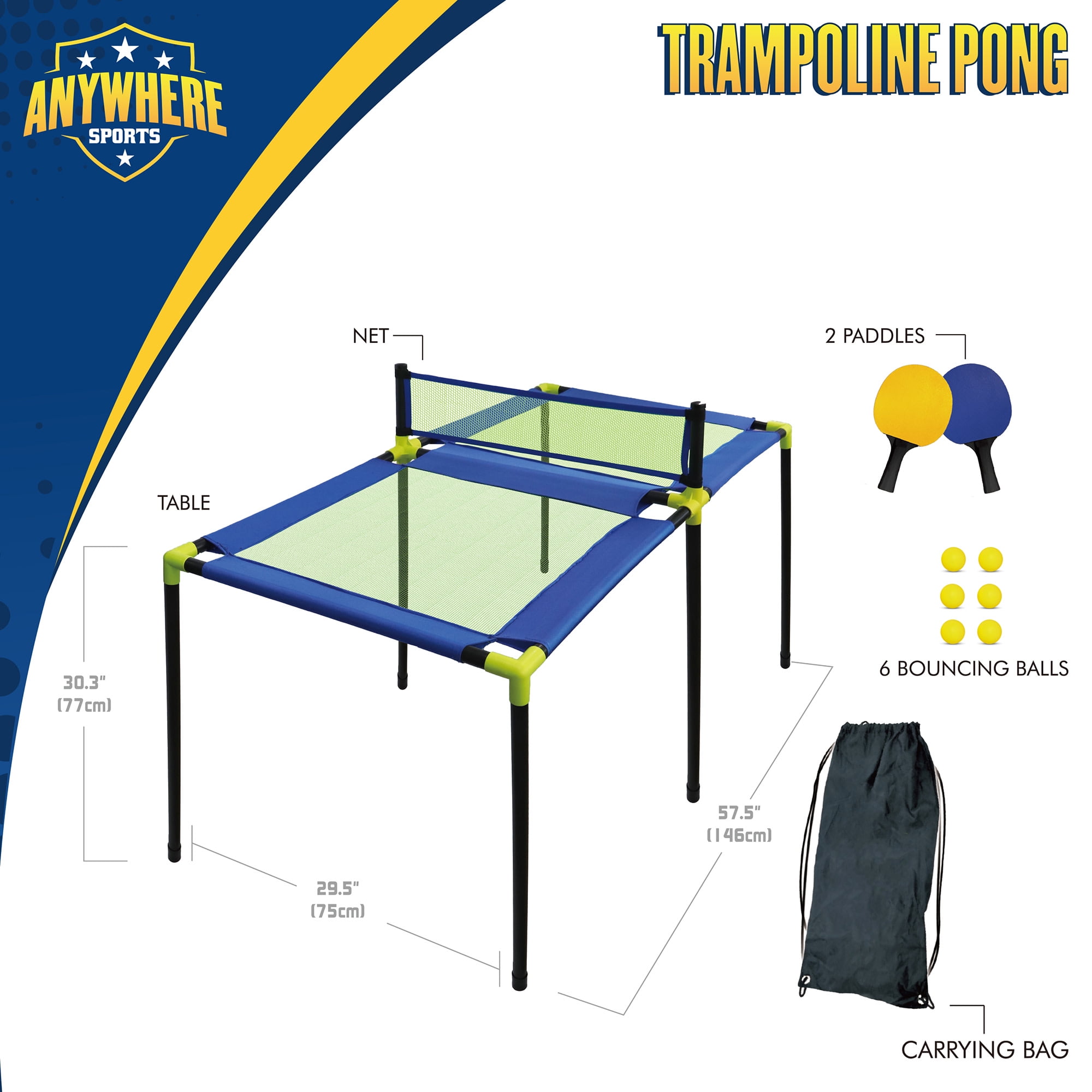 Anywhere Sports: Trampoline Pong - 10pc Portable Table Tennis Game Set, Bouncy Surface, Paddles-Balls-Carry Bag, In-Outdoor, Kids 3+, 1 - 2 Players