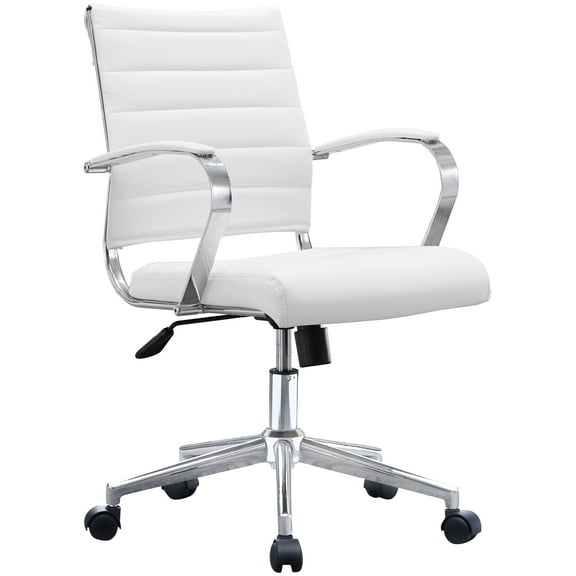 White Office Chair Ribbed Modern Ergonomic Mid Back PU Leather With Cushion Seat Task Swivel Tilt Arms Conference Room Chairs, Manager, Executive, Boss