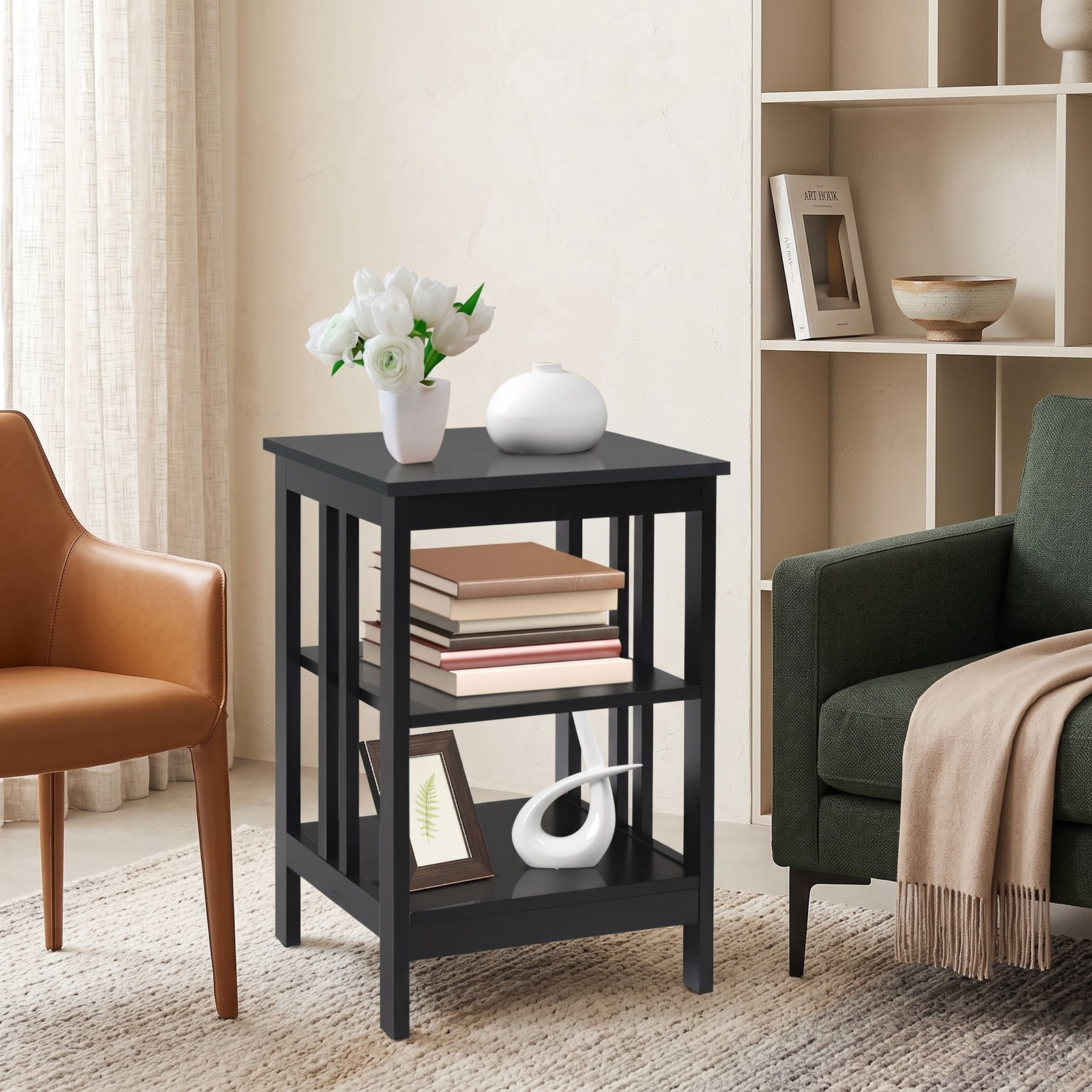 Furnibear 3-Tier Nightstand Sofa Side Table, Narrow End Table with Baffles and Round Corners, Open Storage Shelf Bedside Table for Bedroom Living Room Entryway, Black