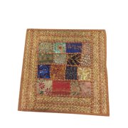 Mogul Indian Cushion Cover Ethnic Embroidered Sequins Zari Patchwork Vintage Brown Pillow Cover 16"x16"