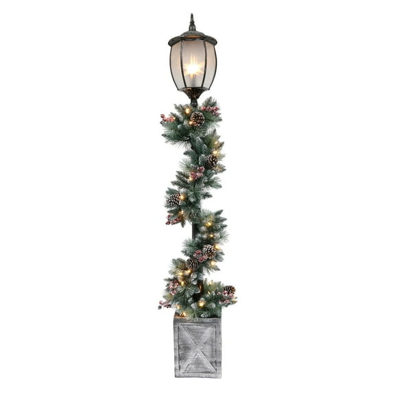 Puleo International Indoor/Outdoor 7 ft. Potted Holiday Lamp Post with Lighted Decorated Garland