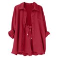 thumbnail image 4 of 2 Piece Linen Sets for Women Long Sleeve Button Up Collared Shirt and Drawstring Shorts Outfits Fall Spring Loungewear,Red,S, 4 of 4