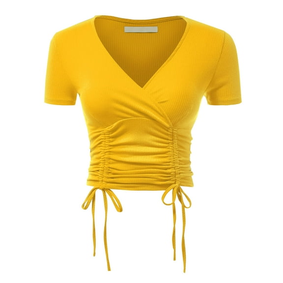 FashionMille Women's Short Sleeve V Neck Ribbed Sexy Front Shirred Crop Top Tee