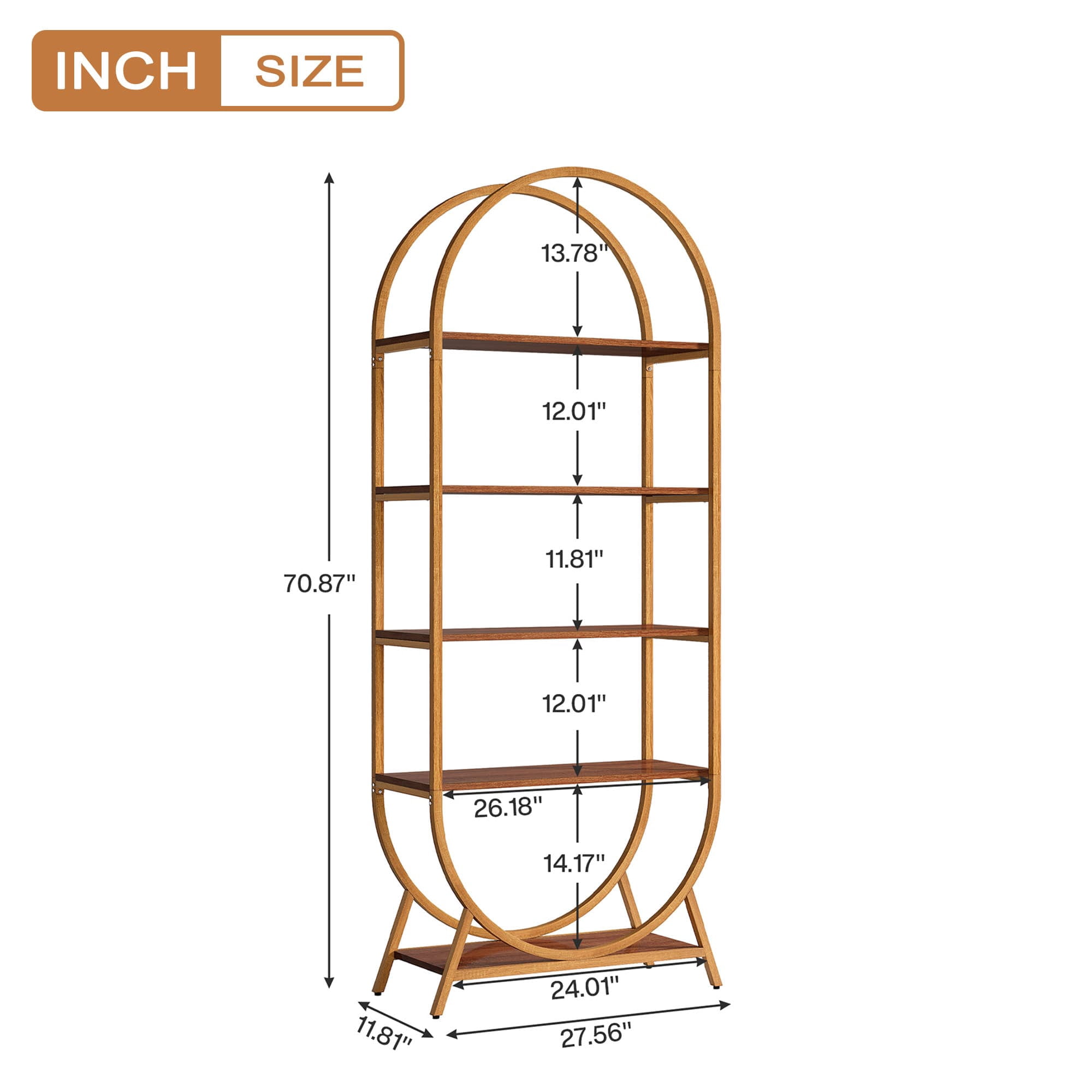 MAYEERTY Curved Top 5-Tier Open Arched Bookshelf, 70.8" Compact Storage Display Rack for Small Rooms