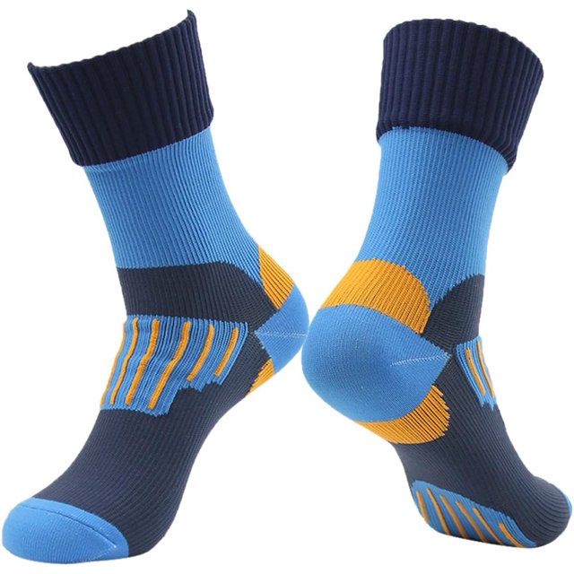 Calcetines impermeables RANDY SUN transpirables para senderismo y pesca talla M, par de media pantorrilla en azul y naranja con puños acanalados, puntera y talón reforzados, paneles acolchados en la planta para absorción de impactos, membrana impermeable en el cuerpo y suela con franjas antideslizantes; también son aptos para travesías de ríos y actividades al aire libre.