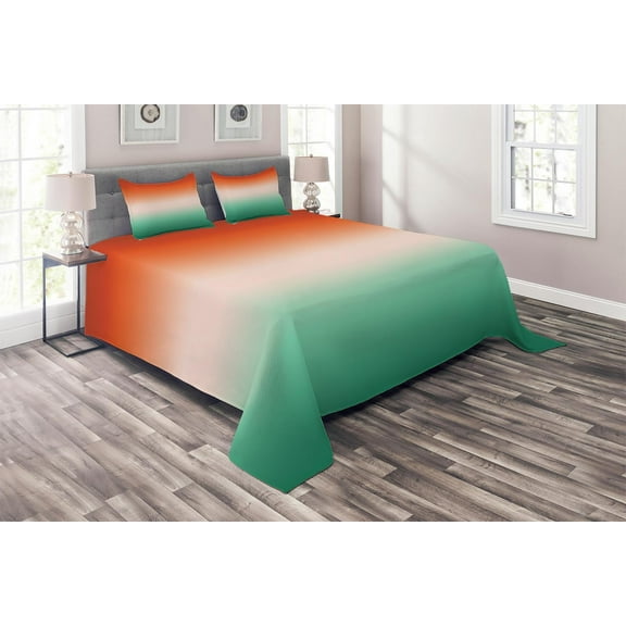 Ambesonne Ombre Quilted Coverlet 3 Pcs, Quirky Simple Color Change, King Size, Burnt Orange Sea Green
