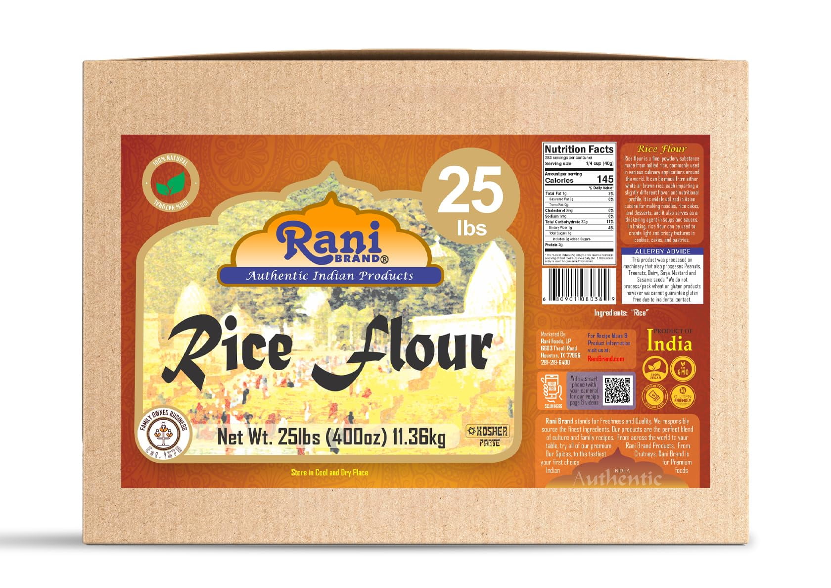 Rani Rice (White) Flour 400oz (25lbs) 11.36kg Bulk Box ~ All Natural | Gluten Friendly | Vegan | NON-GMO | Kosher | Indian Origin