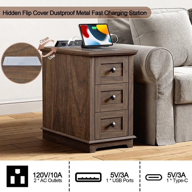 PLAMLE End Table with 3 Drawers for Living Room,Nightstand Sofa Side Table with Charging Station,End Table.