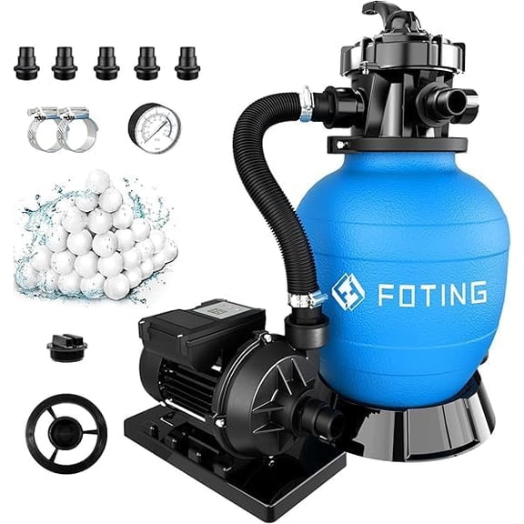 FOTING Sand Filter Pump for Above Ground Pool, Pool Sand Filter with Timer, 7-Way Multi-Port Valve, Pool Pumps Above Ground, 12in (1/2HP 3000GPH for 8000GAL Pool)
