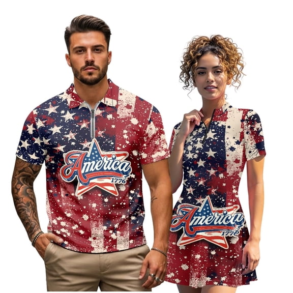 Aplkyhs Matching Golf Shirts for Couple American 250th Anniversary Lightweight His and Hers Golf Shirts Matching Moisture Wicking Mens Golf Shirt Breathable Fabric Suitable for Tennis Enthusiasts