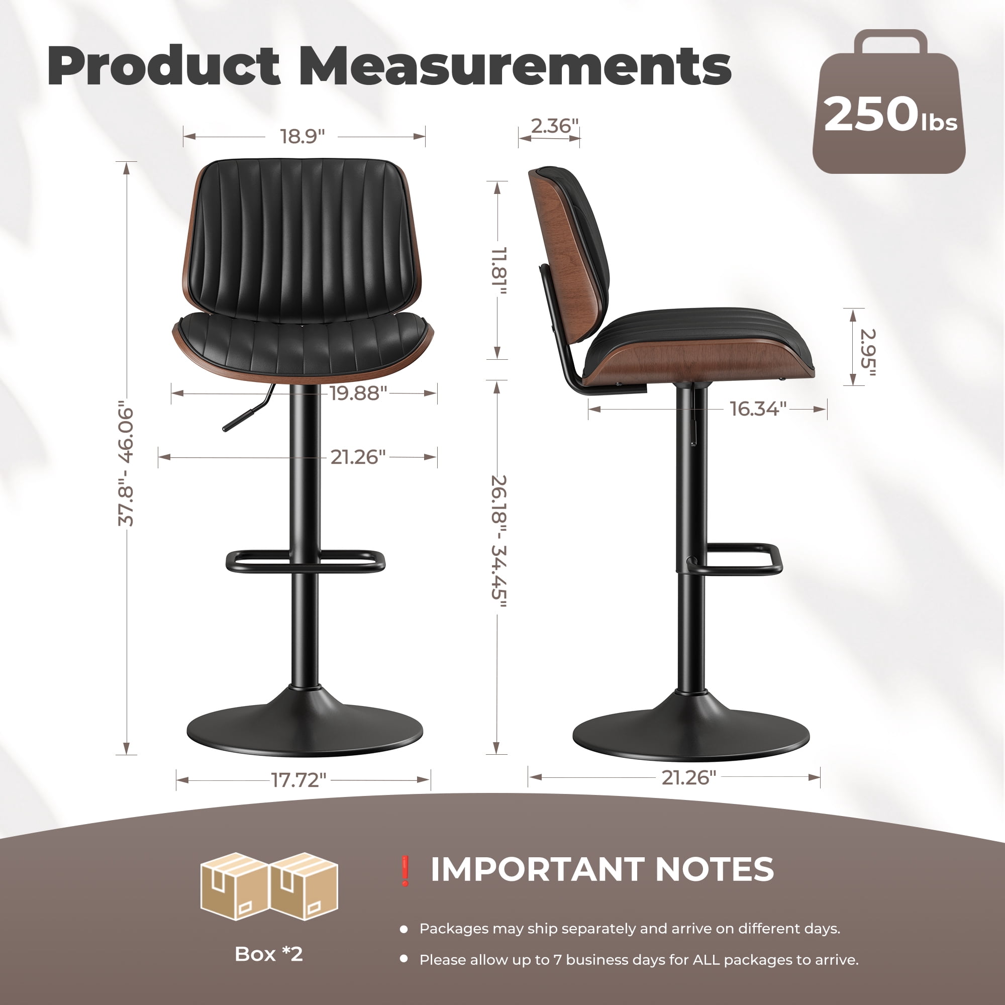 EOP Modern Upholstered Barstools Set of 4, Adjustable Height Counter Stools with Bentwood, Faux Leather Swivel Bar Stools with Metal Frame, Black