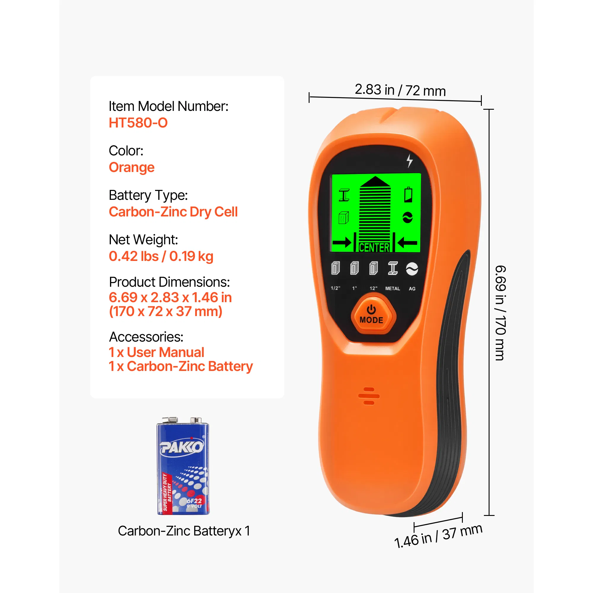 5 in 1 Stud Finder Wall Scanner with Smart Sensor,High-Definition LCD Display,Audio Alarm for Metal,AC Wire,Joists,Pipes-Orange