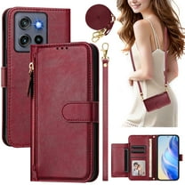 ELEHOLD PU Leather Wallet Phone Case For Motorola Moto G Stylus 5G (2025) with Zipper Pocket Magnetic Closure Flip Folio 7 Card Slots Shoulder Strap RFID Blocking Shockproof Stand Case Cover,Winered