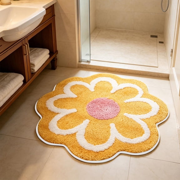 Fiaya Women Yellow Flower Shape Bathroom Floor Mat, Soft Absorbent Antiskid Bath Rug, Decorative Waterproof Comfortable Home Mat