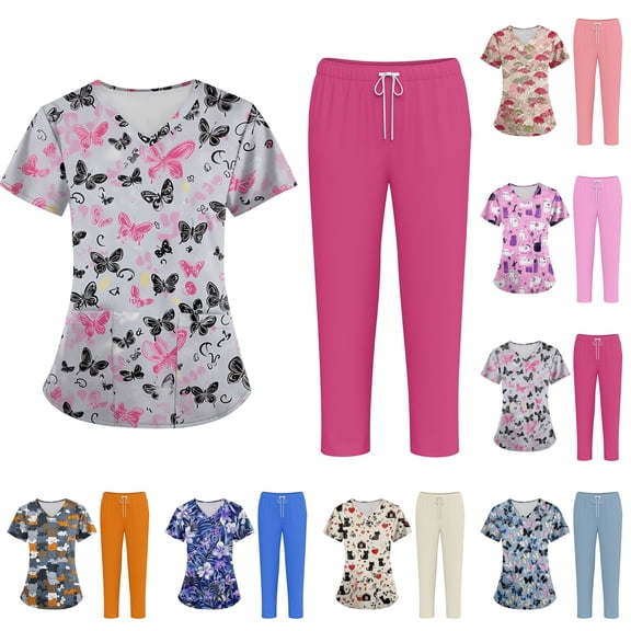 Minjewel Women's Plus Size Printed V-Neck Short Sleeve Scrubs for Women Set, Vibrant Animal & Floral Print Scrub Set for Healthcare & Caregiving,Beige L