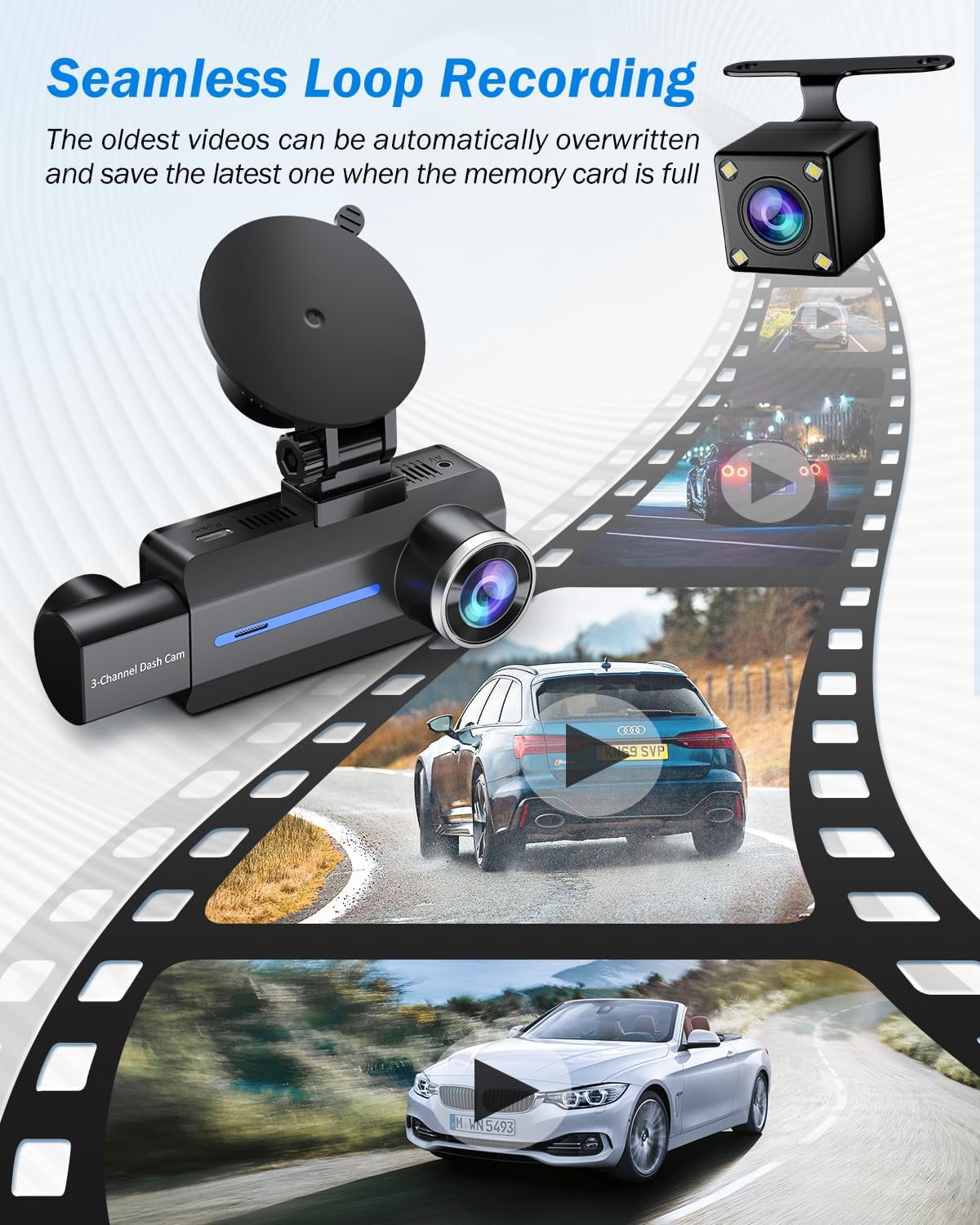 3 Channel Dash Cam, 4K/2.5K+1440P Dash Cam Front and Rear Inside, Dash Camera for Cars, Triple Car Camera with 32GB Card, G-Sensor, 24Hr Parking, Loop Recording, IR Night Vision, Blue