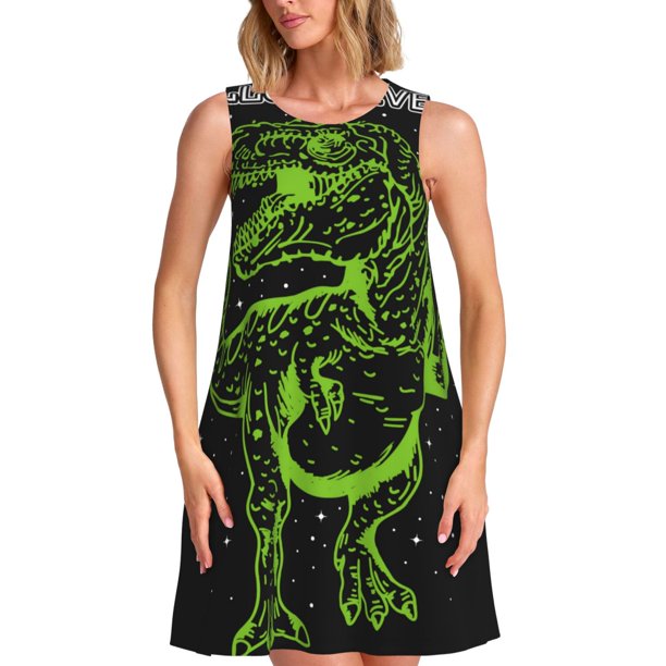 Easygdp DINOSAUR IN SPACE para Vestido Transpirable de Mujer, Vestido Suelto de Manga Corta con Pliegues y Bolsillos para el Verano