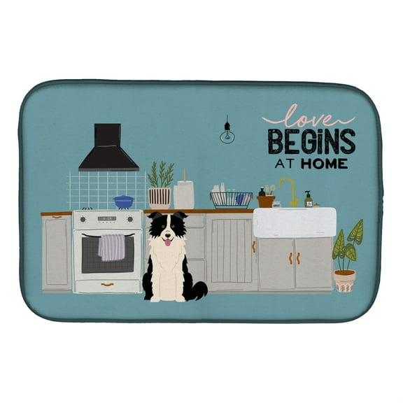 Black White Border Collie Kitchen Scene Dish Drying Mat