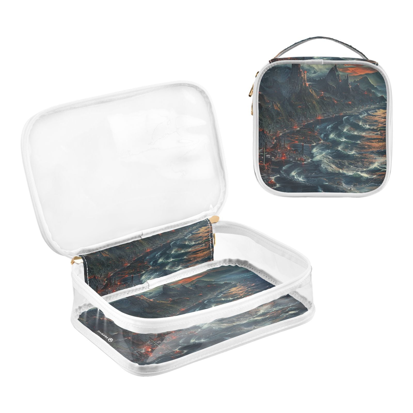 Clear Makeup Bags with Handle Large Opening 2 Pack Set Toiletry Bag Quart Size Bag, for Women Man Traveling Travel Essentials, Toiletries and Other. Waves Horror Mountain Original Design