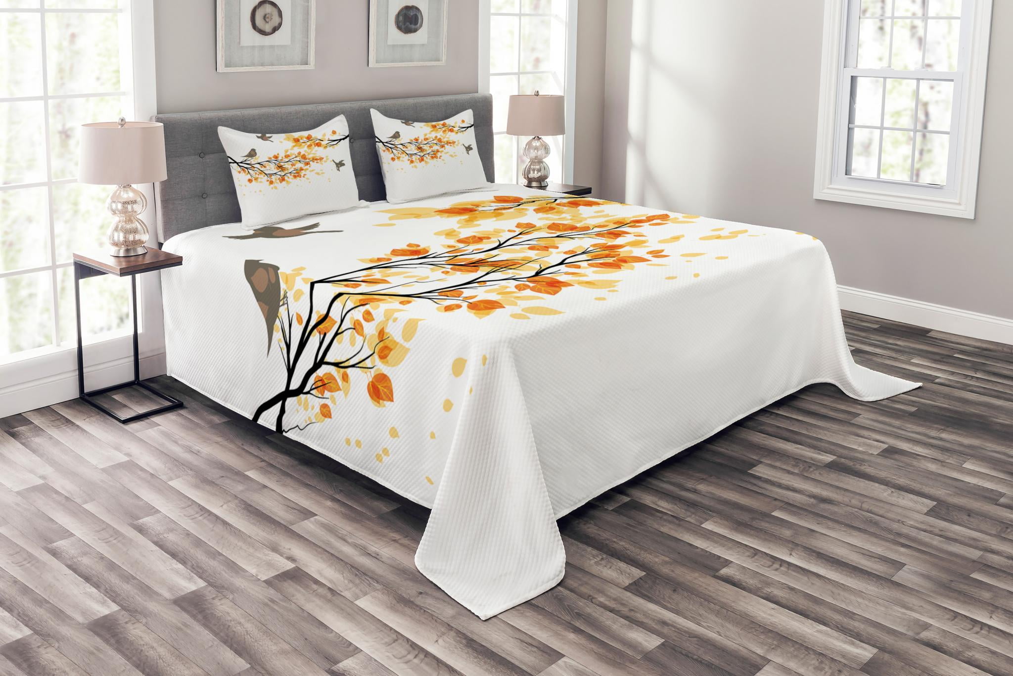 Fall Bedspread Set, Branch with Pale Fall Leaves and Birds Natural