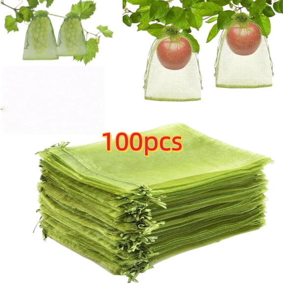 100 pcs Fruit Protection Netted Bags,6*8 Inch Green Netting Cover Bags with Drawstring, Pest Barrier for Trees, Garden Cover Mesh Bags for Plant Fruit, Flower and Vegetables