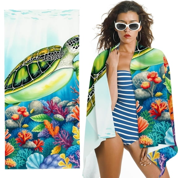 RKSupls Sea Turtle Coral Microfiber Beach Towel, Extra Large Quick Dry Lightweight Absorbent Towel for Travel Swimming Camping, Soft Super Absorbent- 30x60 in