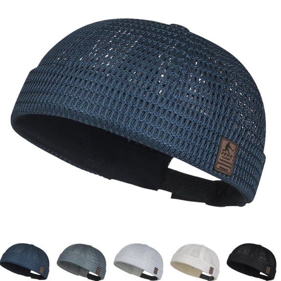 Mens Breathable Mesh Brimless Docker Cap Summer Adjustable Skullcap Flip Sailor Beanie Hat Outdoor Lightweight No Brim Daily Headwear Navy