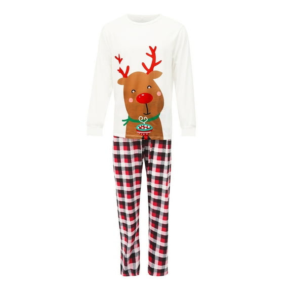 Okbabeha Matching Family Christmas Pajamas, Cartoon Deer Tops + Plaid Pants