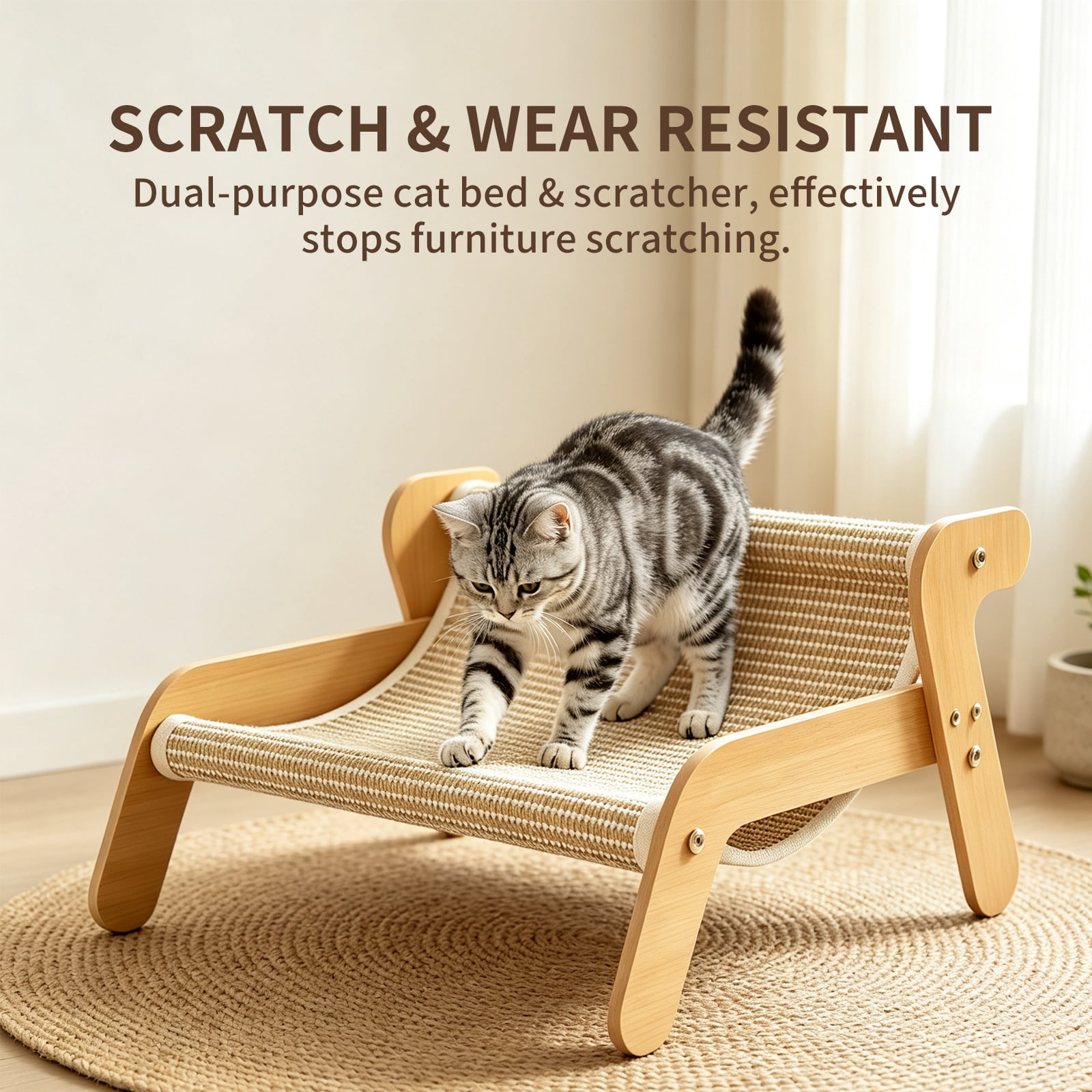 Cat Scratch Couch Non‑Slip Bed, Extra Large Sisal Cat Scratcher Lounge Chair, Heavy‑Duty Wood Frame Cat Scratching Pad Furniture Protector for Indoor Large Cats, Pet Supplies
