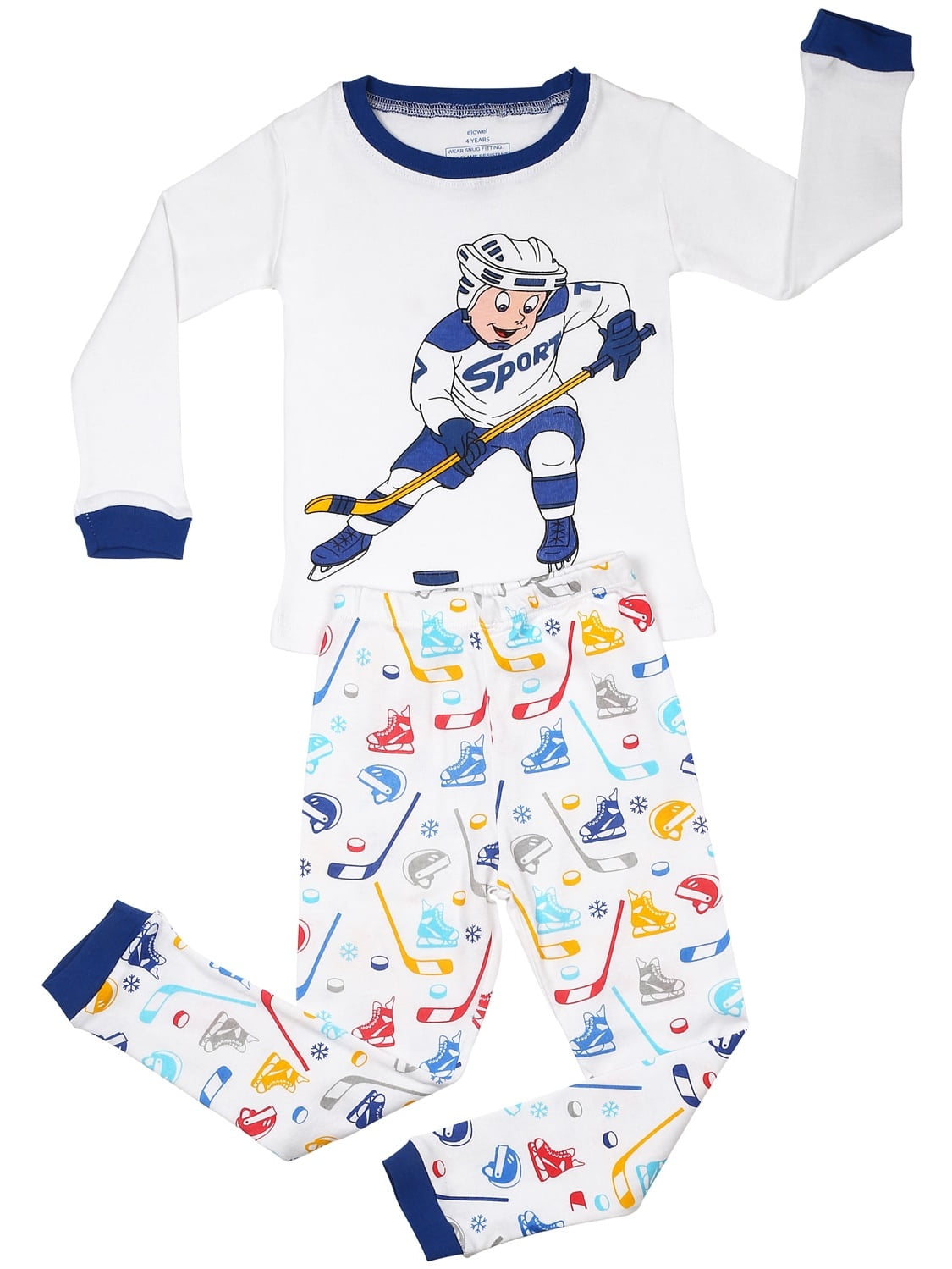 Elowel Boys White Blue Hockey Player Print Cotton 2 Pc Pajama Set